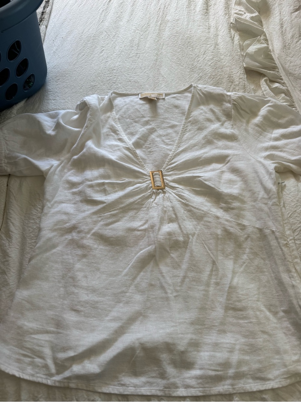 Michael Kors White V-Neck Tunic with Gold Ring Detail